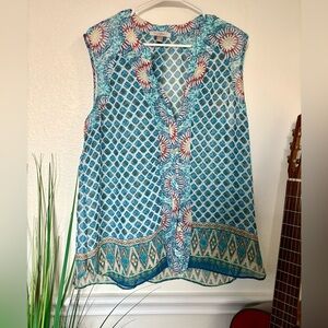 Roz & Ali Blue and Red Geometric Sleeveless Sheer Blouse